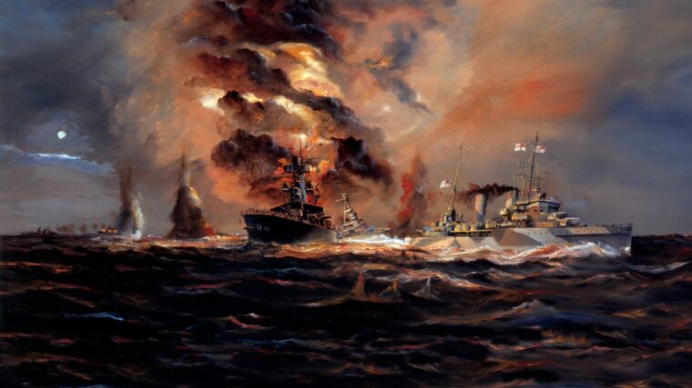 1942年2月27日，这幅描绘爪哇海夜战的画作展示了被鱼雷击中的荷兰轻巡洋舰德·鲁伊特尔号燃烧时，HMAS珀斯号巡洋舰为了避免碰撞而转向。一天晚上，“珀斯”号和“休斯顿”号一起在巽他海峡战役中沉没。