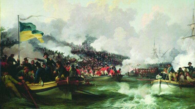 魁梧的水兵的皇家海军肌肉在英国两栖登陆艇海岸着陆在阿布基尔海湾,埃及,3月8日,1801年,在这个由菲利普·雅克·德Loutherbourg当代油画。