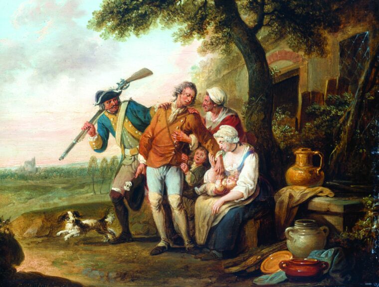 一个顽强的普鲁士招聘官龙骑兵一个不情愿的农民到服务1770年路易斯·约瑟夫华铎的绘画,不愿招收。