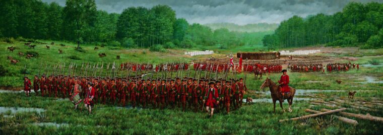 一个年轻的乔治·华盛顿,安装在右,陪同他的弗吉尼亚民兵到大草原,让每个人都法国和印第安人藏在树林里。从罗伯特Griffing壁画,遇到一个迷人的领域。
