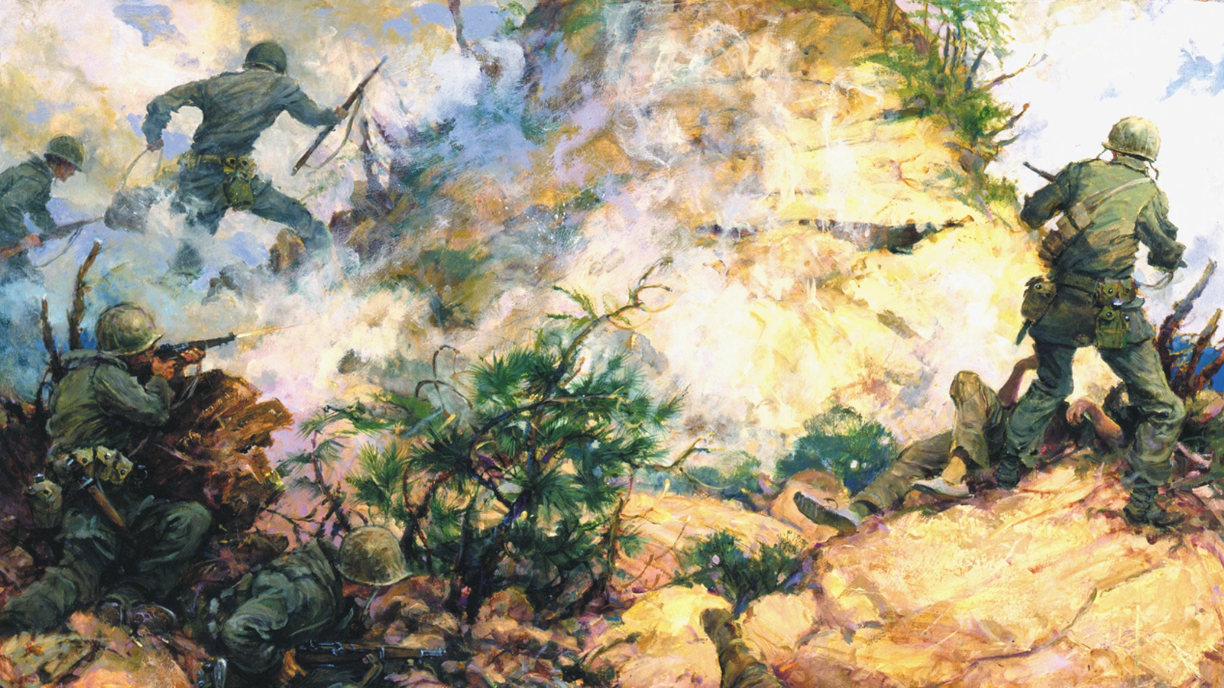 朝鲜战争期间,海军陆战队参与激烈的近距离战斗在这个颜色绘画由查尔斯·沃特豪斯上校。