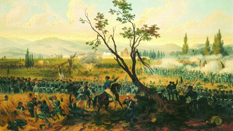 山丘之战戈多由一个未知的艺术家。新奥尔良微不足道的出版商乔治·肯德尔陪同美国军队在战斗在墨西哥。