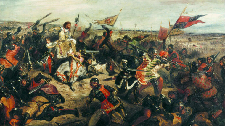 不戴帽,法国国王约翰二世领导一个旋转近战在普瓦捷战役的高潮这1830幅尤金·德拉克洛瓦。
