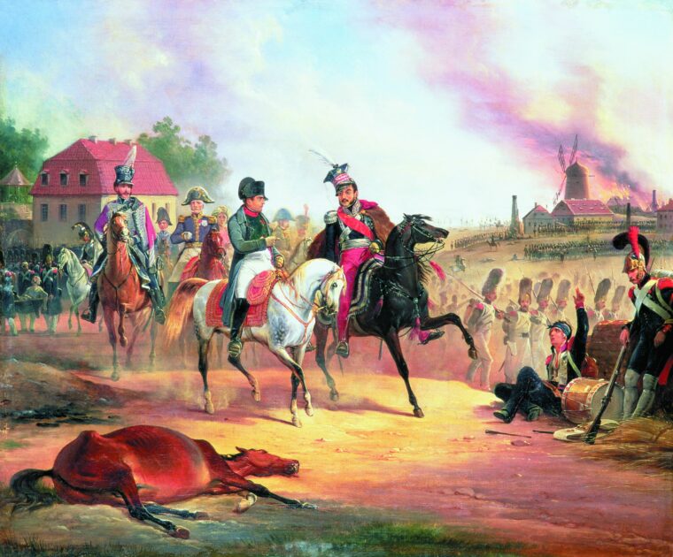 拿破仑·波拿巴与波兰约瑟夫Poniatowski王子在莱比锡战役中。当天晚些时候Poniatowski被杀。