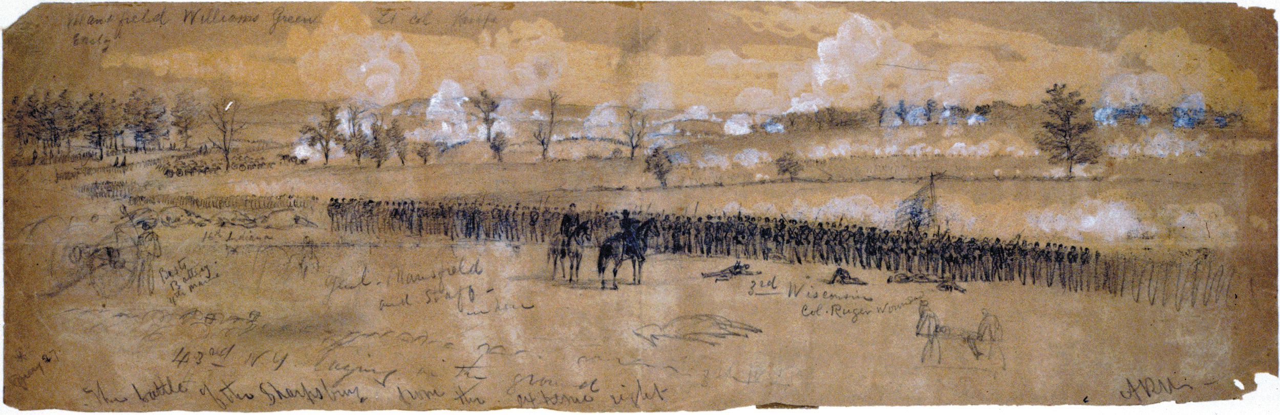 联邦军队在少将约瑟夫·曼斯菲尔德与承认交火——害死捍卫玉米田在这个草图,阿尔弗雷德·r·安蒂特姆河Waud哈珀的周刊。到那时,曼斯菲尔德已经受到了致命的伤害。