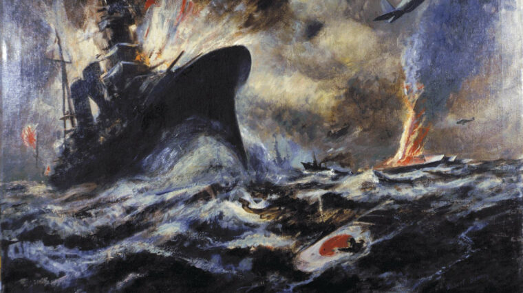 美国海军俯冲轰炸机袭击日本巡洋舰在中途岛战役中由罗伯特·本尼在这幅画。