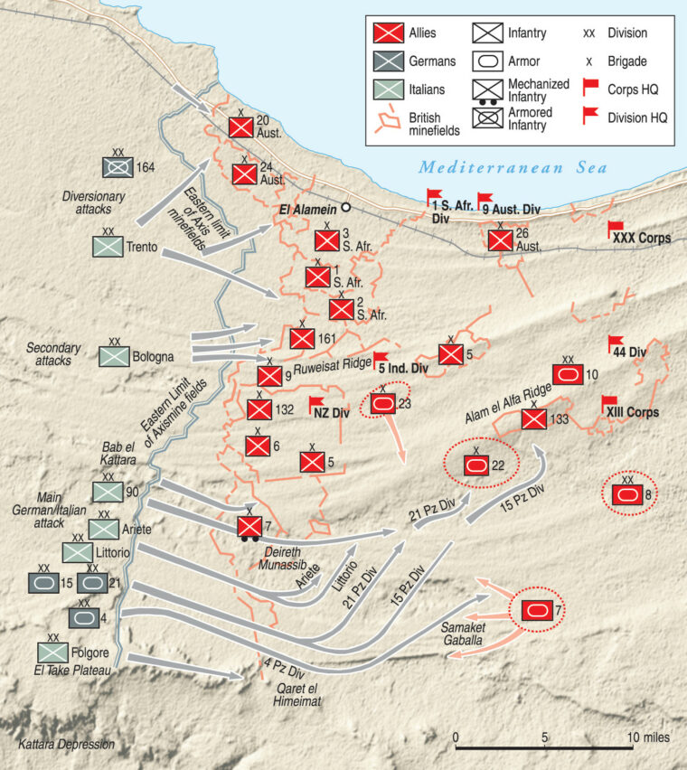 英国的防御在阿拉曼战役被锚定在北方和地中海的南部Qattara萧条的悬崖。隆美尔计划沿着前面攻击,但这是蒙哥马利谁先发生。(地图©2007菲利普•Schwartzberg子午线映射,明尼阿波利斯,MN)