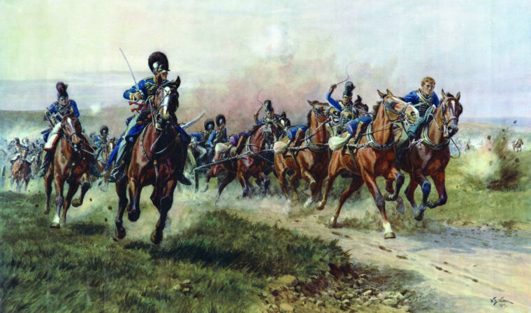 英国诺曼·拉姆齐船长和他的皇家马大炮骑兵冲到安全通过法国骑兵Fuentes de Onoro。