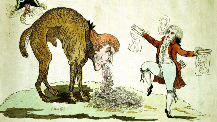 一个1804年的政治漫画讽刺总统托马斯·杰斐逊失败的尝试,包括西佛罗里达在路易斯安那州购买。