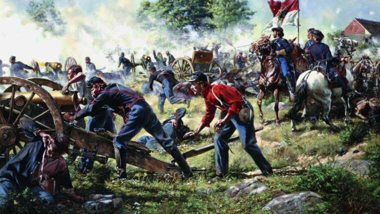 9日马萨诸塞州电池打架Trostle农场附近的一个绝望的现状的努力在葛底斯堡,1863年7月2日。由唐特罗亚妮绘画。