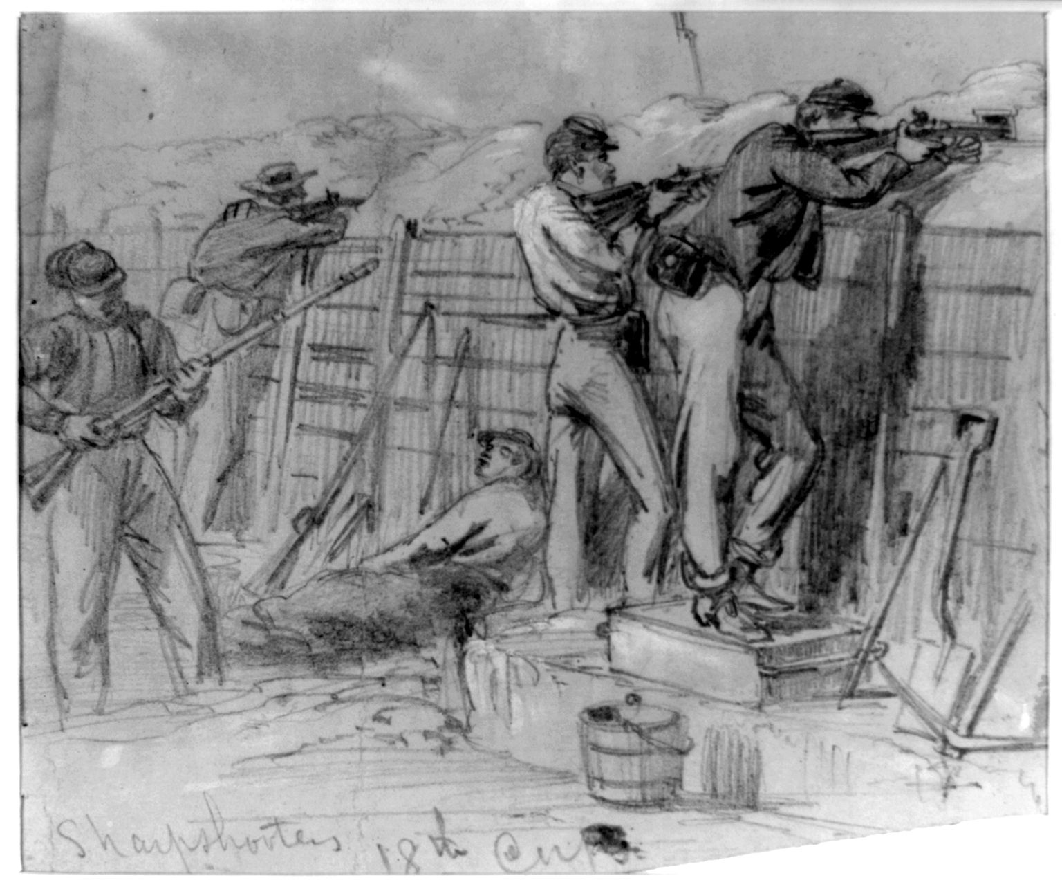 神枪手联盟第十八兵团瞄准的这幅图由阿尔弗雷德·r·Waud最初于1864年8月发表在《哈泼斯周刊。
