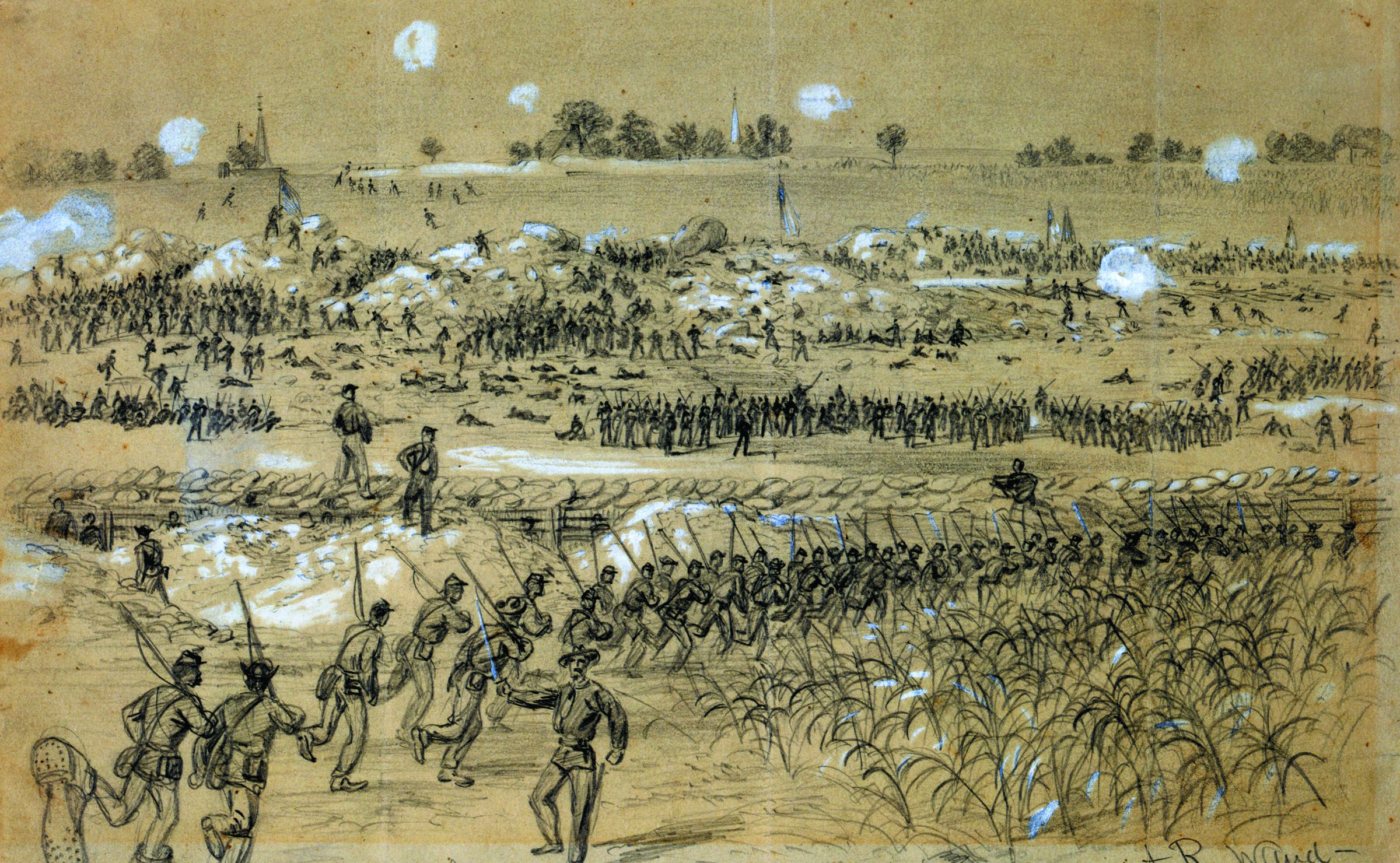 联邦士兵向火山口后爆炸。中间的距离由字面上一堆泥土抛出《爆炸。除了希尔公墓,邦联的内部工作原理。由Waud也。