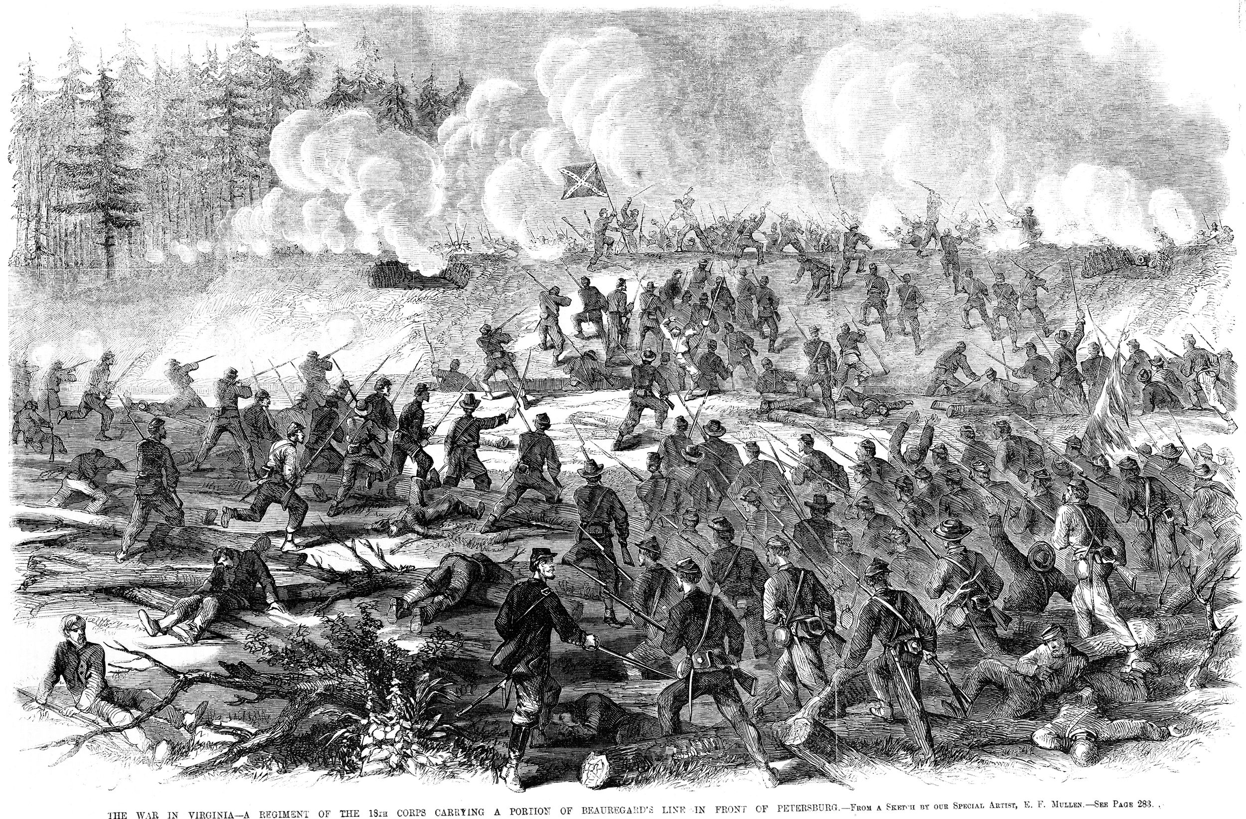 战场艺术家E.F.马伦贡献的素描十八兵团攻占了敌后的一部分在彼得堡。最初发表在弗兰克莱斯利的报纸。