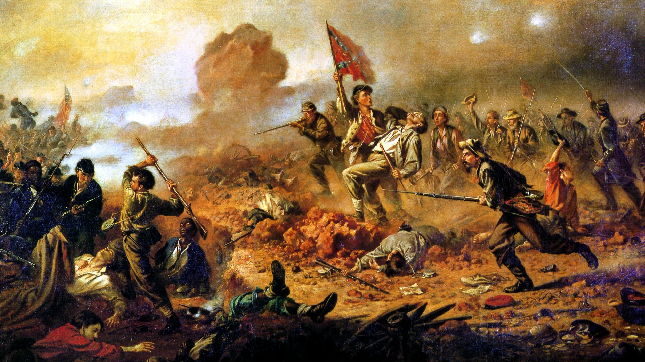 团结在他们的国旗,第12维吉尼亚步兵撞向联邦先锋准将爱德华费列罗火山口的边缘。约翰·亚当斯的绘画。