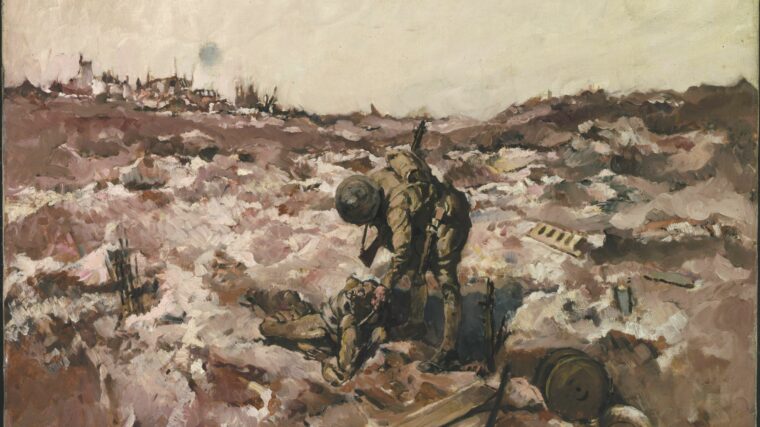 一名英国士兵搜索一个死去的同志的身份盘后在索姆灾难性的攻击。幅弗兰克的牧杖,他也参加了一个类似英国在加利波利溃败。