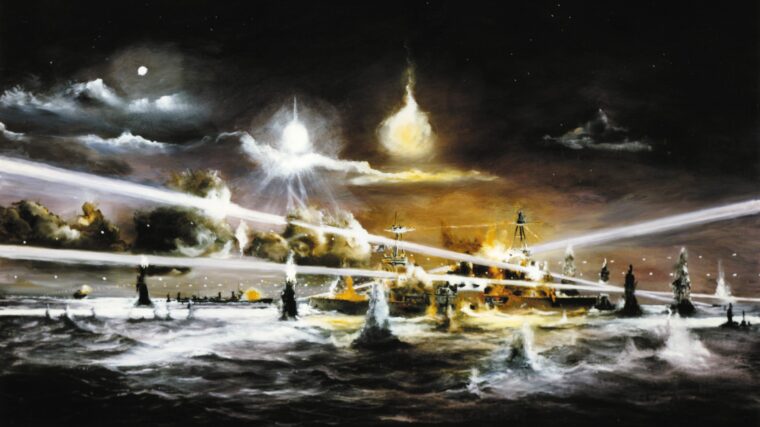 探照灯和耀斑穿过黑暗在夜间行动巽他海峡1942年2月,在这幅画由约翰·汉密尔顿。日本打败了盟军,爪哇海的控制。