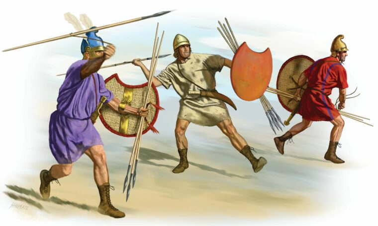 雅典将军伊菲克拉底改良了他的战械，在这幅约翰尼·舒玛特的插图中，他穿着轻质亚麻布代替青铜盔甲，手持半月形盾牌、剑和标枪。