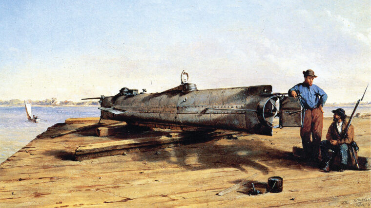 在霍勒斯·l·汉利号的测试中，有三名船员丧生，这幅画由康拉德·怀斯·查普曼绘制。