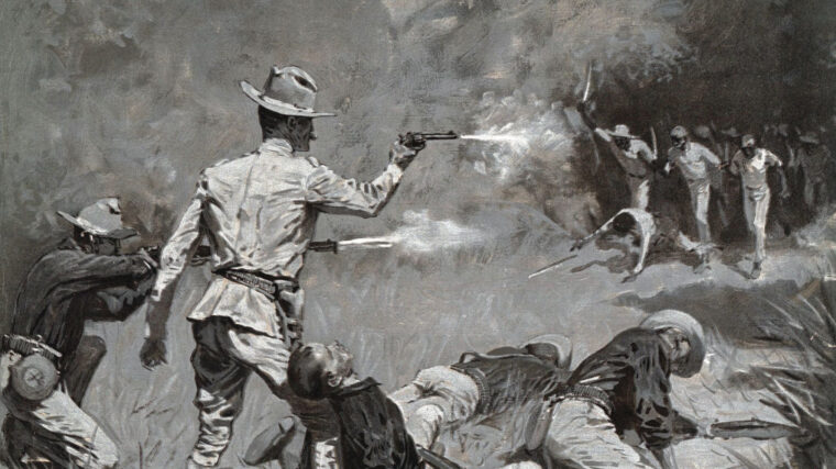 一个美国军官火灾在充电菲律宾1892年柯尔特左轮手枪叛乱分子由弗雷德里克·雷明顿在这幅画。