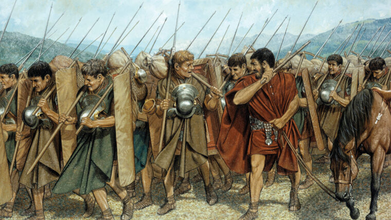 一幅现代插画展示了行进中的罗马军团。典型的冲锋队在战斗中会停下来投掷他们的矛，然后用他们的角斗士向敌人逼近。在肉搏中，他们用盾牌把对手打得失去平衡。