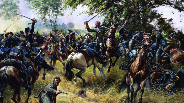 南方准将韦德汉普顿,瞬间,拼命抗拒敌人军刀吹在农田里近战的纽约南部高速公路在葛底斯堡特罗亚妮的绘画,汉普顿的决斗。