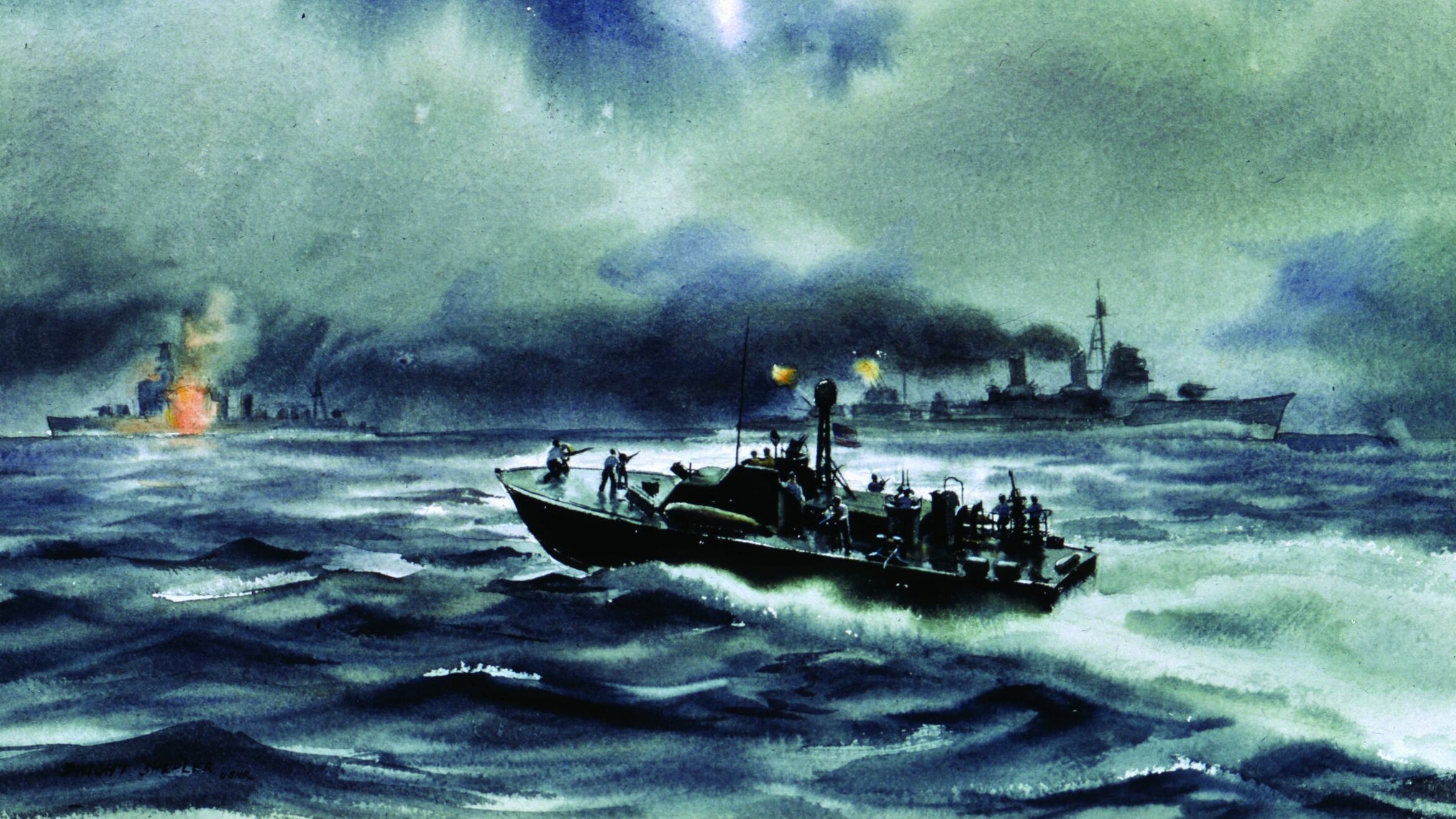 在行动Surigao海峡,美国海军PT渔船与日本军舰意图达到莱特岛的入侵菲律宾岛上的海滩。这幅画是由美国艺术家德怀特Shepler作斗争。(海军历史艺术)