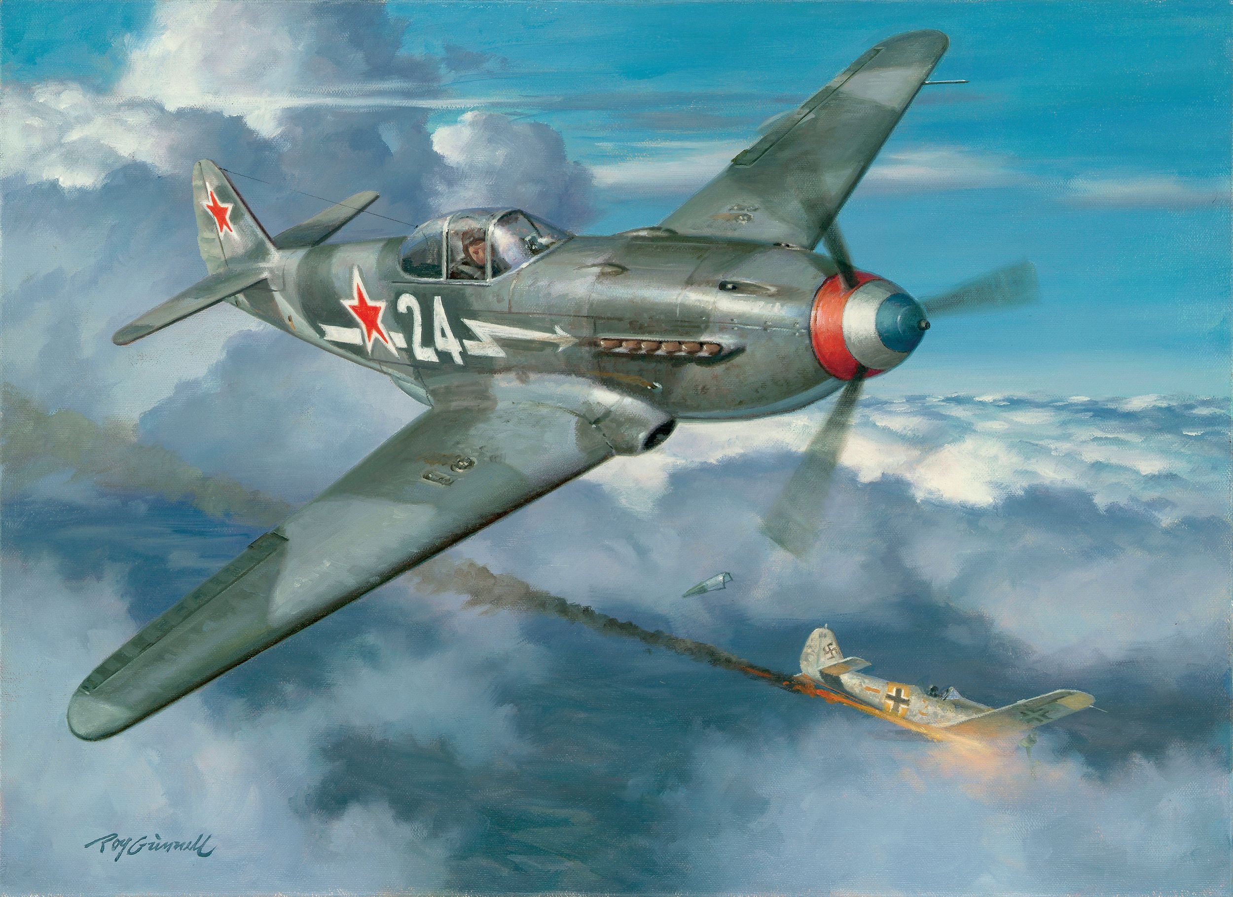 在牦牛攻击中,由艺术家罗伊·格林奈尔,罗兰de la Poype俄罗斯上空击落德国fw - 190年10月23日,1944年。这是Poype 15日航拍的胜利,第182 Normandie-Niemen中队。
