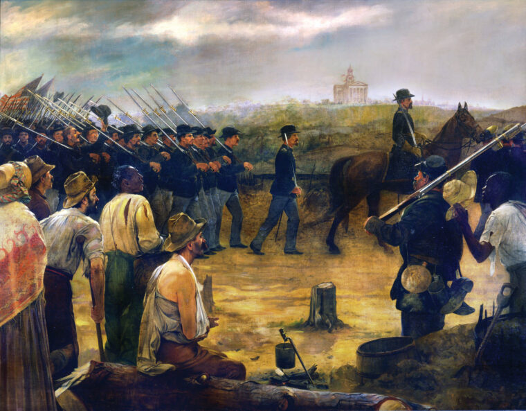 1863年7月4日，衣衫褴褛的士兵和惊恐的居民看着联邦军队进军维克斯堡。北方佬虽然得意洋洋，但一看到维克斯堡士兵和市民的状况，就没有心情庆祝了。