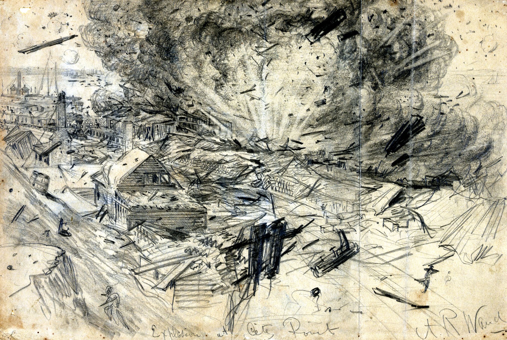 由艺术家Alfred Waud渲染的美国陆军军械驳船在City Point的爆炸。