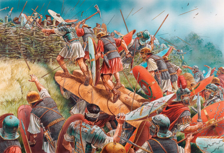 罗马人在长官卢修斯·埃吉乌斯(Lucius Eggius)的指挥下袭击了一座德国壁垒，该壁垒由齐腰高的木桩组成，木桩之间穿插着沿着堤坝顶部延伸的小树枝和树枝。