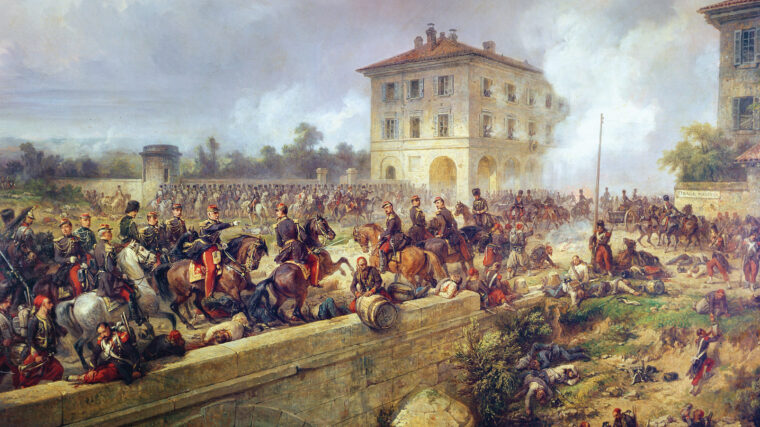 法国皇家卫队进展洋红色。僵硬的奥地利阻力和地形的限制自然缓慢法国向着Austrian-held米兰前进。