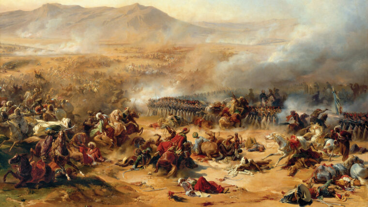 1799年4月16日，让·巴蒂斯特·克莱伯将军的法国步兵排成方阵，以防御数量占优势的马穆鲁克骑兵。克莱伯在塔博尔山脚下对杰扎尔·帕夏的营地进行了夜间突袭，结果事与愿违，因为他没有估计到到达营地需要多长时间，他的接近方式在黎明时被发现。