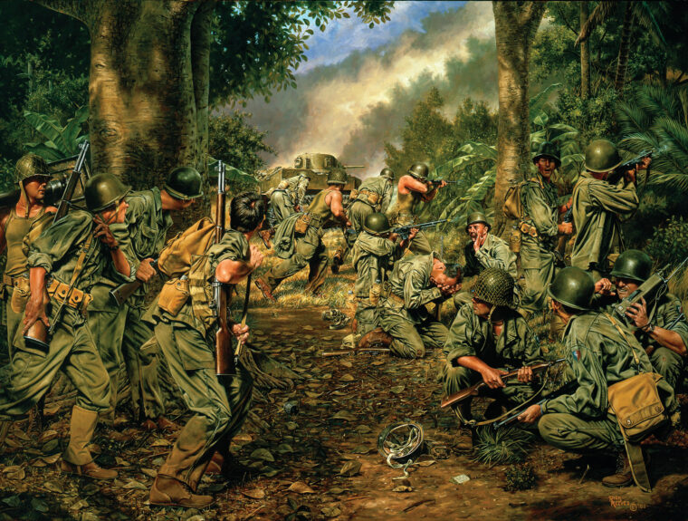 在艺术家里克·里夫斯(Rick Reeves)的这幅名为《巴丹的复仇者》(Avengers of Bataan)的详细画作中，美国第38步兵师的士兵在争夺Zig Zag Pass的血腥战斗中冒着猛烈的炮火向日军阵地前进。