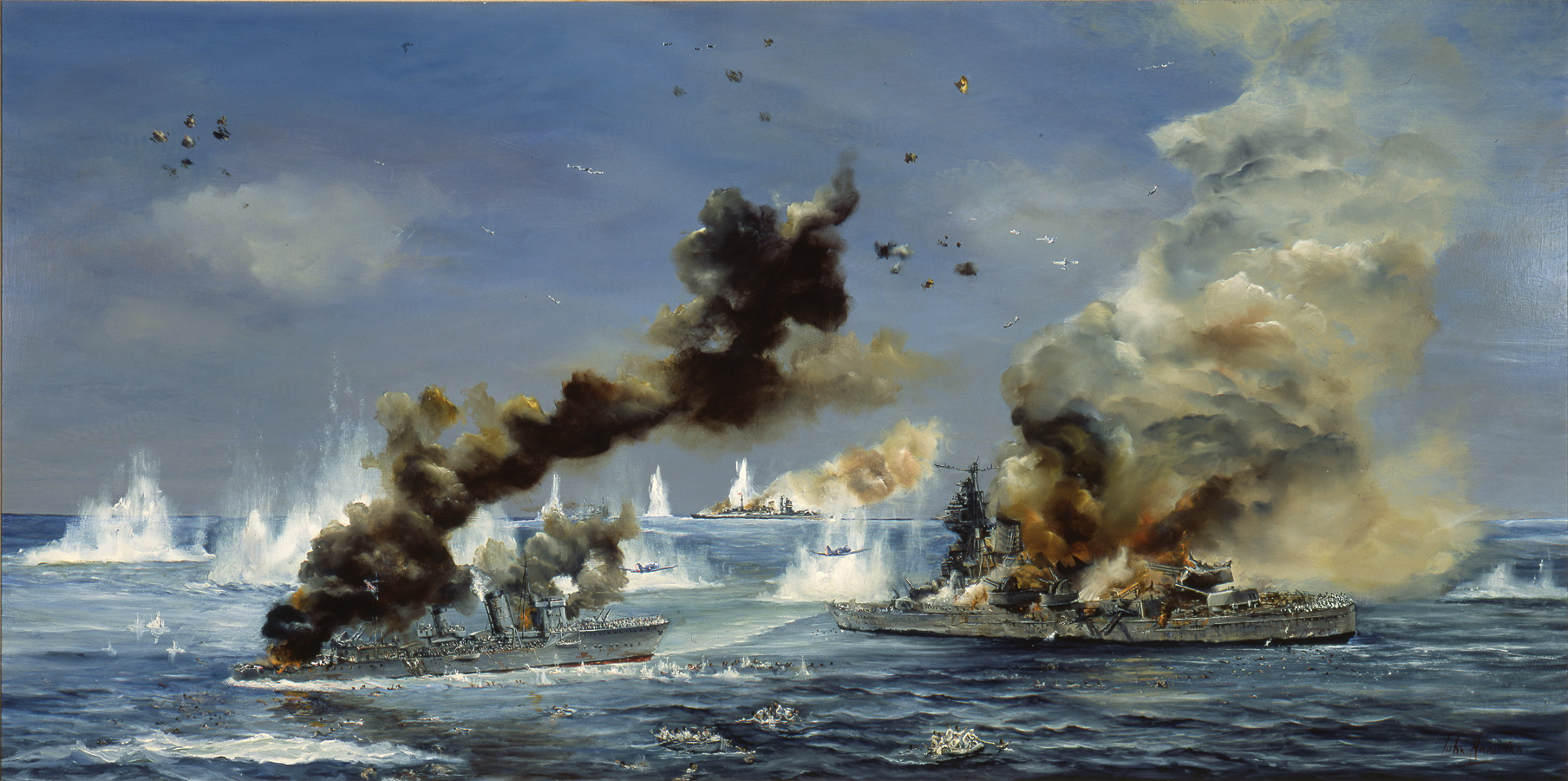 在艺术家约翰·汉密尔顿的这幅画中，中途岛海战的最后一天，日本巡洋舰Mogami和Mikuma在美军的猛烈空袭下挣扎。Mikuma沉没了，但严重受损的Mogami设法一瘸一拐地逃到了安全的地方。