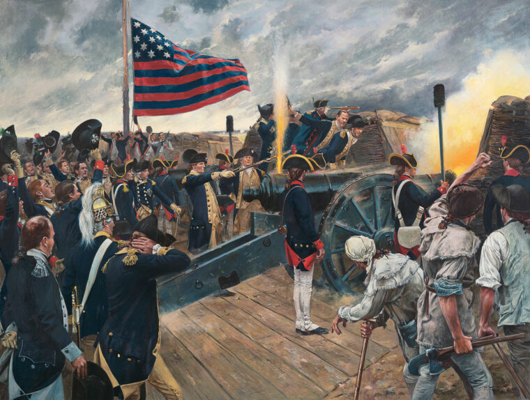 1781年10月9日，在唐·特罗亚尼的这幅画中，乔治·华盛顿将军在约克镇围城中发射了第一门美国大炮。