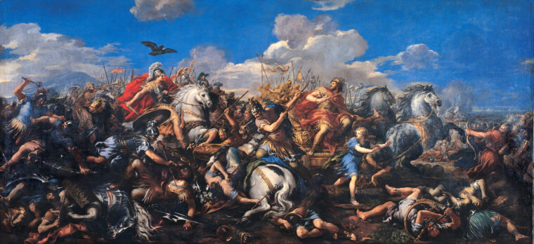 马其顿国王亚历山大的反击穿过中间偏左的波斯线,大流士飞行在高的平原。