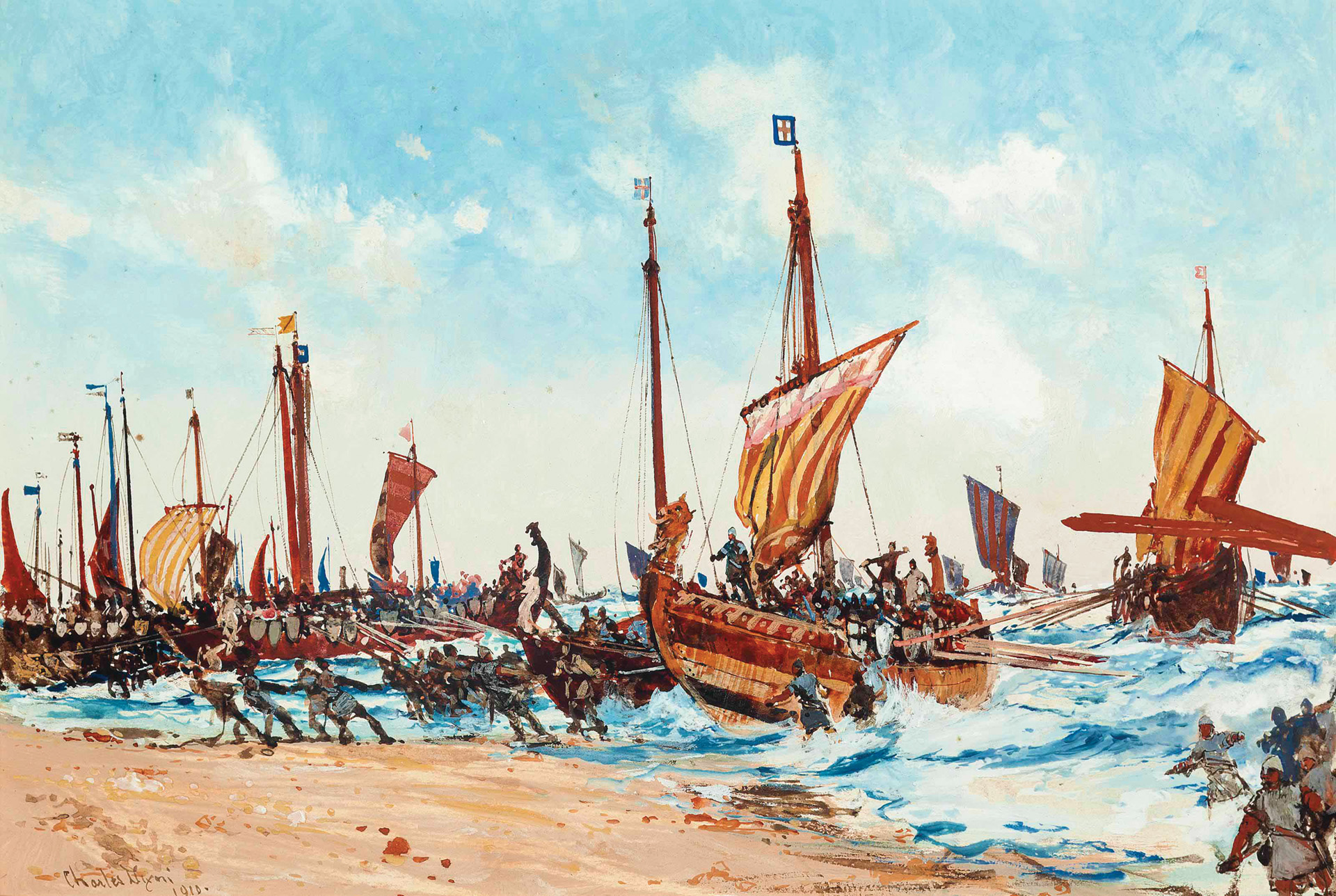 Duke William of Normandy's armada hove to at Pevensey, where his quick-footed, unarmored archers reconnoitered the area, followed by the heavy infantry and horsemen. The Normans went to work immediately to build a fortification with which to defend the landing site.