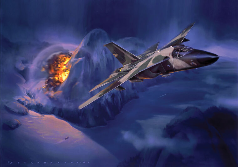 1968年3月，一架超音速空军F-111 Aardvark摧毁了北越的一个军火库，这幅画由杰克·费罗斯绘制。