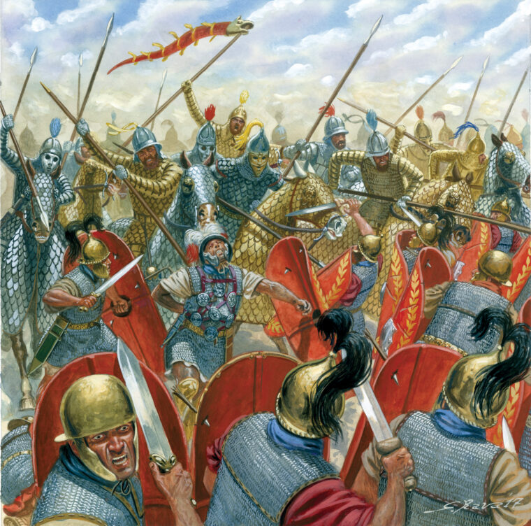 帕提亚人装备战船手持长矛被称为kontos据说攻击罗马军团。