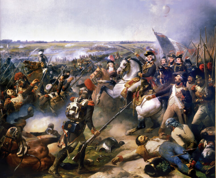 让·巴普蒂斯特·卓尔丹骑着白马发动预备队在弗勒吕斯对盟军中央发动决定性反击。