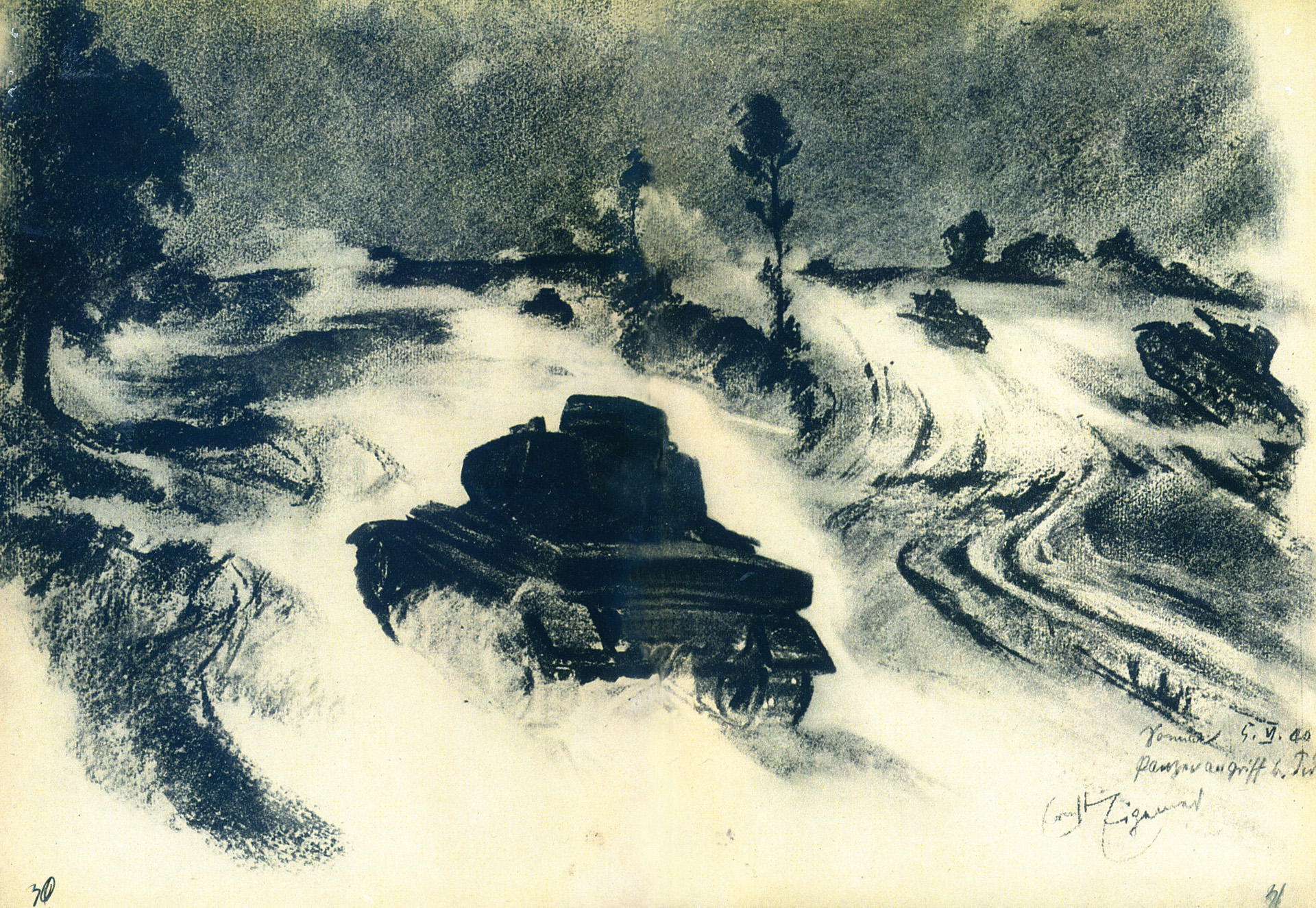 用黑色墨水和蜡笔，伊格纳画了德国国防军前进时，德国坦克在一片荒凉的土地上前进。他将这幅素描命名为“Panzer Angriff”或“坦克攻击”。