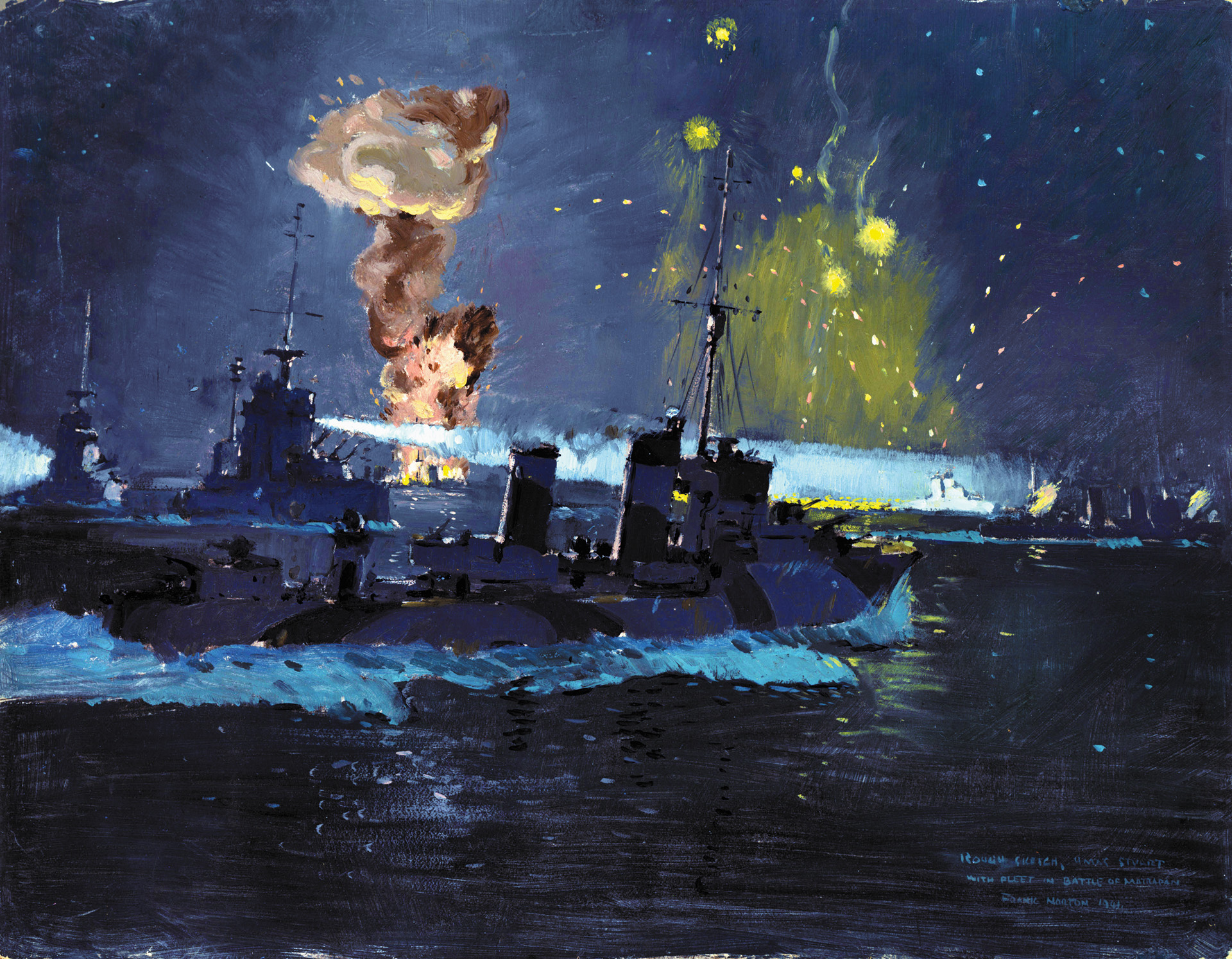 探照灯刺在黑暗中照亮意大利皇家海军军舰在Matapan角战役巡洋舰。菲利普亲王为HMS英勇的战舰上决定性的海军战胜墨索里尼的舰队。