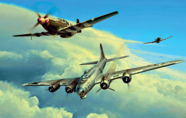 在艺术家理查德·泰勒的这幅题为《受伤的战士》的画作中，1944年7月11日，在对德国慕尼黑的一次突袭中严重受损的波音B-17飞行堡垒在两架北美P-51野马战斗机的护送下安全返回其在英国的基地。“野马”为深入德国领空的重型轰炸机提供了远程护航。