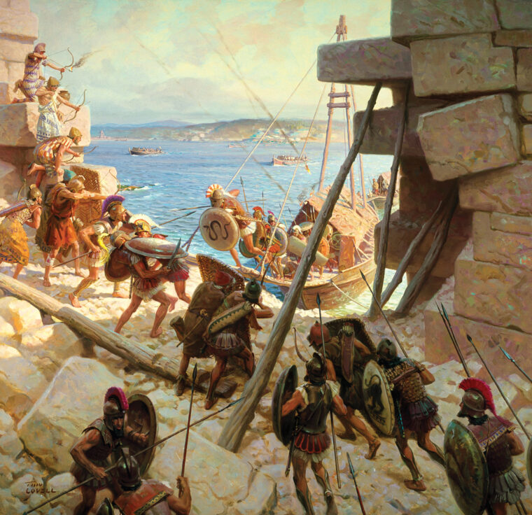 亚历山大大帝的士兵攻击轮胎在现代插图所示。由亚历山大的舰队同时攻击两城市的港口经过六个月的战斗把一个不可能的人的资源紧张的局面。