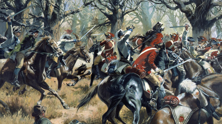 唐·特罗亚尼(Don Troiani)的画作中，威廉·华盛顿(William Washington)中校的大陆龙骑兵在考本斯战役(Battle of Cowpens)中向英国对手冲锋。华盛顿的指控是令英国人震惊的大规模反击的一部分。