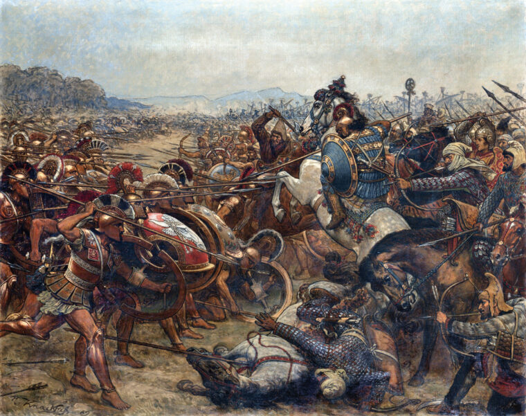 希腊重装步兵手持大盾牌和铁尖矛在马拉松向波斯人发起冲锋。