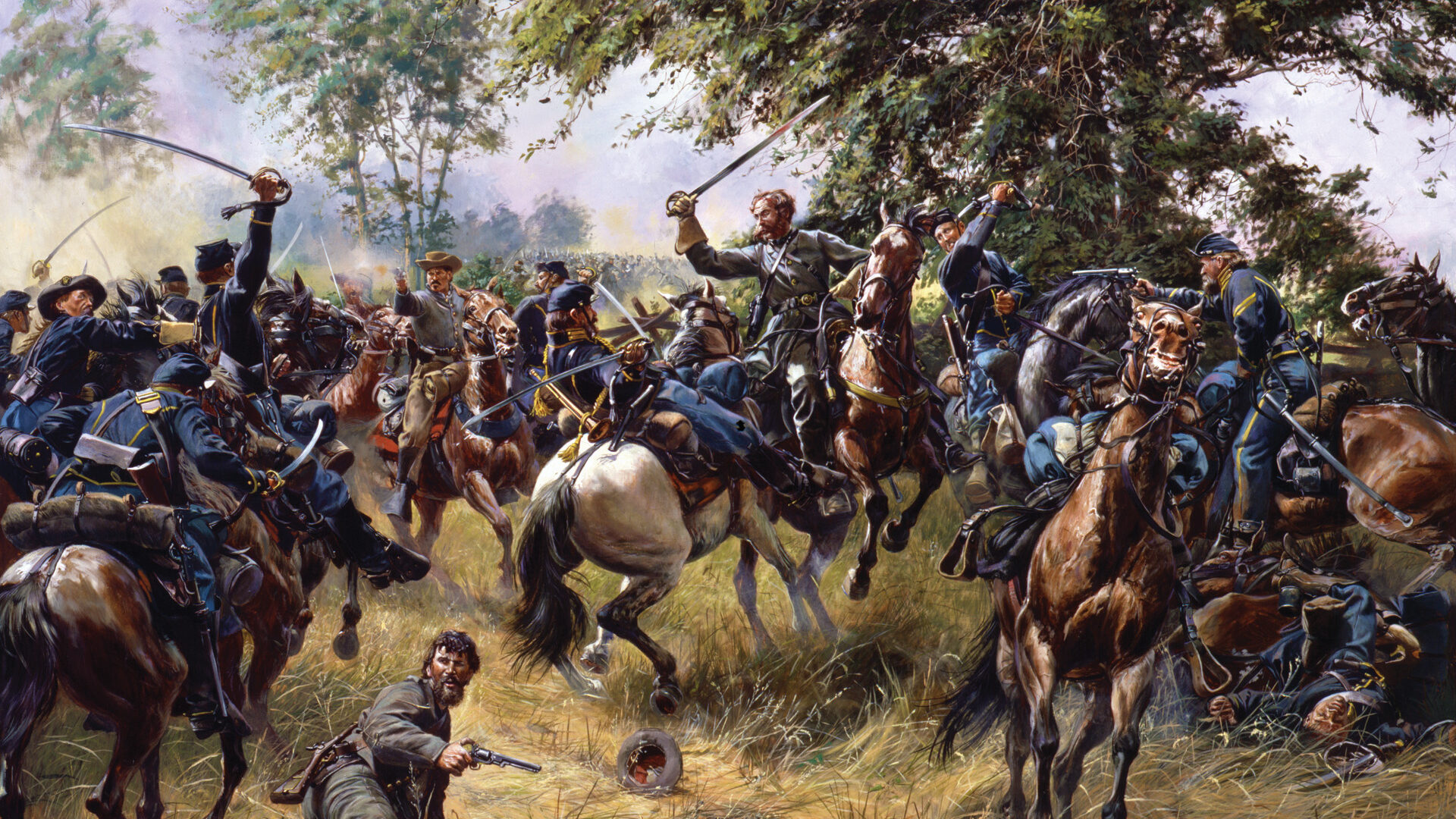 唐·特罗亚尼(Don Troiani)的一幅画作中，韦德·汉普顿准将在葛底斯堡战役的最后一天发现自己被包围，他巧妙地击退了联邦士兵的军刀。