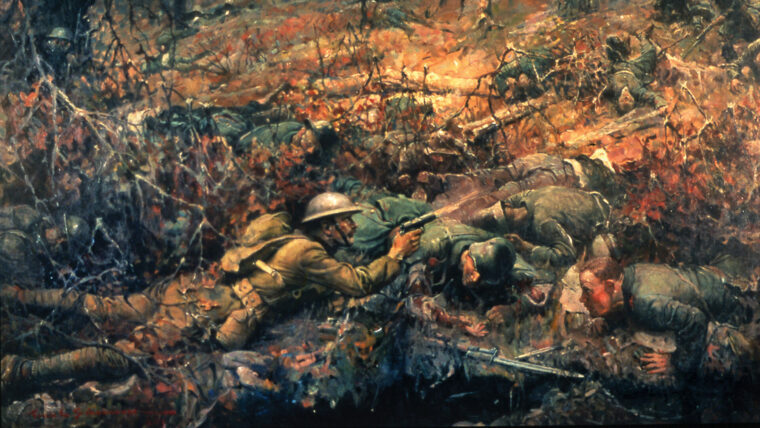 阿尔文·约克下士的美国第82师获得了荣誉勋章砍伐一大群德国人与他近身柯尔特M1911大举进攻。