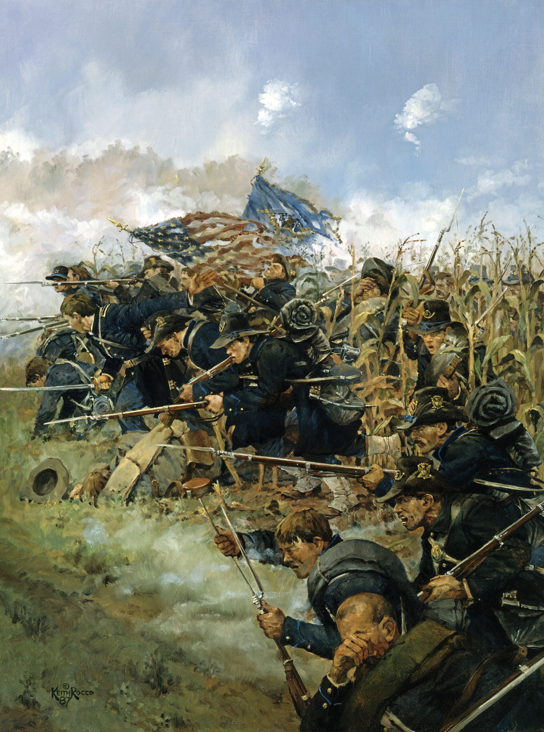 在基思·罗科的一幅现代画作中，联邦军在安提特姆穿过米勒的玉米地，向南军左翼进攻。联邦军第二军团通过威廉·轮莱特的农场向丹尼尔·哈维·希尔少将的南军中心发起了同样激烈的进攻。