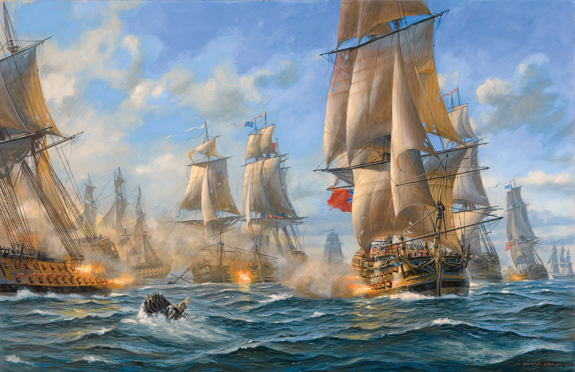 1781年9月5日，帕特里克·奥布莱恩(Patrick O 'Brien)的一幅现代画作中，英国舰队(右)和法国舰队在切萨皮克湾河口交战。英国海军少将格雷夫斯在战斗中做出了一些有问题的决定，使他的舰队处于明显的劣势。